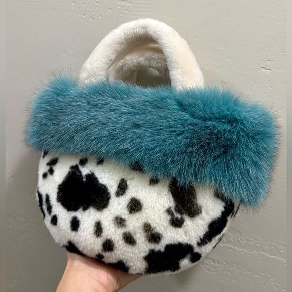 Colorblock Handmade Real Fox Fur & Shearling leather Top Handles Bag/Multi Use - Picture 9 of 16